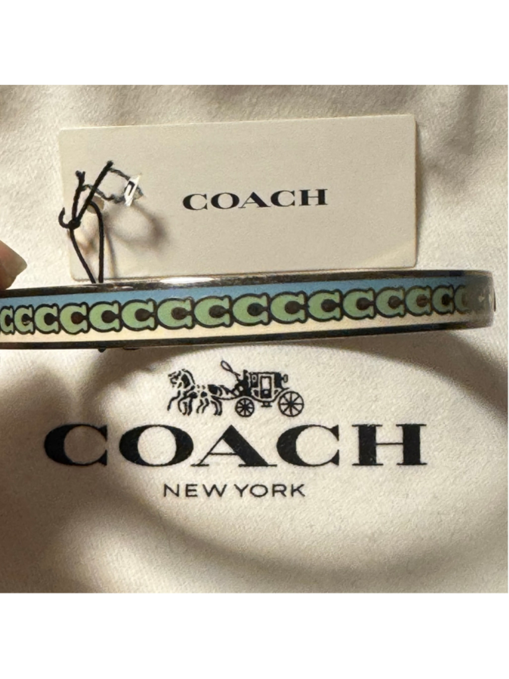 Coach repeating, C logo, gold, blue cream, green hinged enamel bracelet￼ - Picture 2 of 6